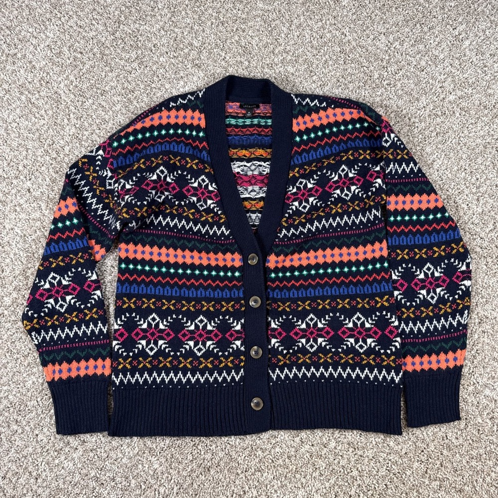 Talbots Cardigan Womens M Navy Fair Isle Button‎ Front Knit Sweater Long Sleeve